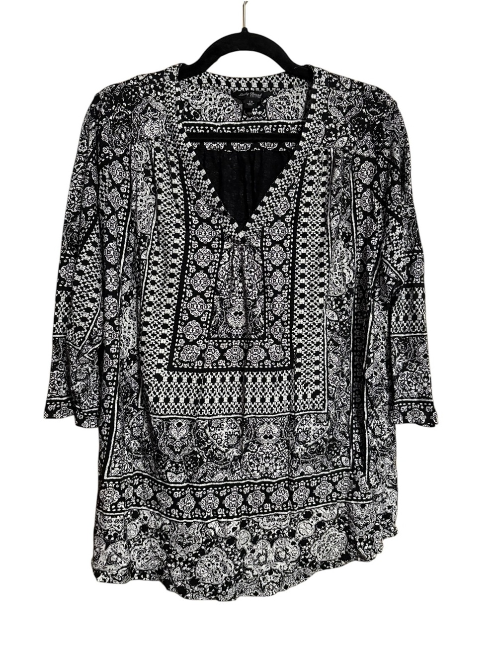 Lucky Brand Black White Paisley Floral 3/4 Sleeve Popover Blouse Top Size 1X
